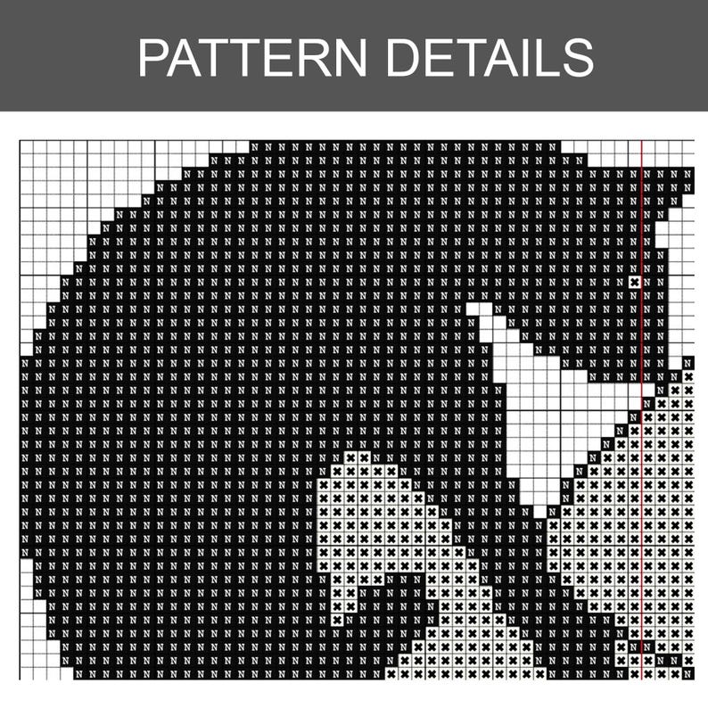 May include: A cross-stitch pattern detail with the text "PATTERN DETAILS" at the top. The design features a black and white image with a grid of squares, showing a stylized shape. The pattern uses "N" and "X" symbols.