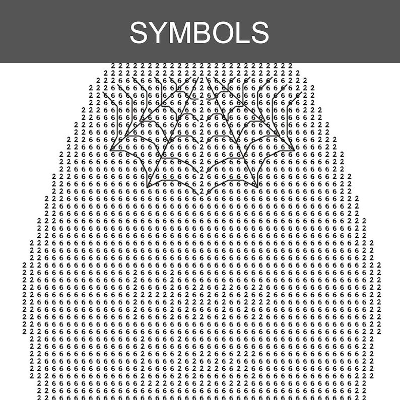 May include: An abstract design featuring the word "SYMBOLS" in white at the top. The image is filled with a pattern of numbers, primarily 2 and 6, arranged in a grid-like structure, with a stylized shape in the center.