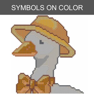 May include: Cross-stitch pattern of a goose wearing a hat and bow tie, with the text "SYMBOLS ON COLOR" at the top. The goose is mainly grey, with a yellow hat, bow tie, and beak. The pattern is made up of small squares.
