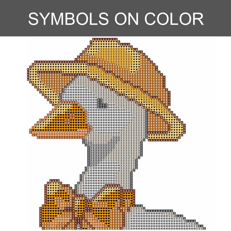 May include: Cross-stitch pattern of a goose wearing a hat and bow tie, with the text "SYMBOLS ON COLOR" at the top. The goose is mainly grey, with a yellow hat, bow tie, and beak. The pattern is made up of small squares.