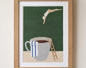 Coffee Diver Cross Stitch Pattern, Instant Download PDF