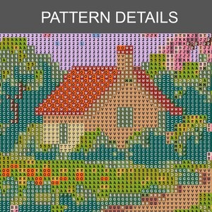 Puede incluir: Detalles del patr&oacute;n en un dise&ntilde;o de punto de cruz. La imagen muestra un primer plano de un patr&oacute;n colorido y pixelado con varios s&iacute;mbolos y n&uacute;meros. La paleta de colores incluye tonos de verde, naranja y azul.