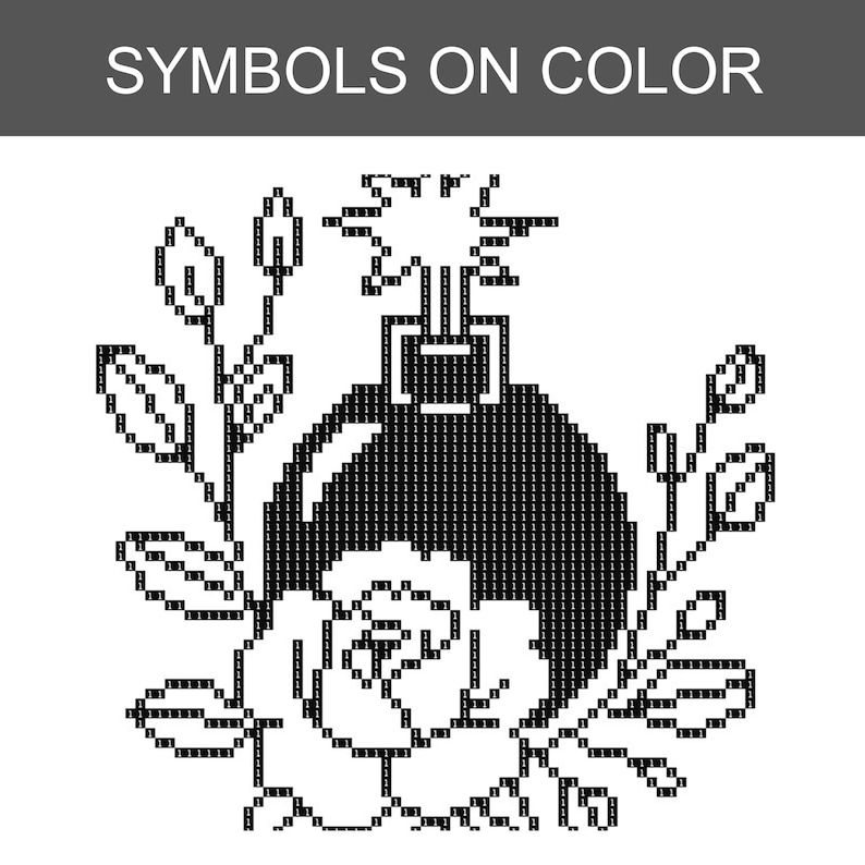 K&ouml;nnte beinhalten: Ein schwarz-wei&szlig;es Kreuzstichmuster mit dem Titel SYMBOLS ON COLOR, das eine zentrale Bombengrafik umgeben von floralen Elementen zeigt. Das Design besteht aus einem Raster von Quadraten, die jeweils mit der Zahl 1 markiert sind und den Umriss einer Bombe mit Z&uuml;ndschnur sowie umgebende Bl&auml;tter und eine Rosenbl&uuml;te an der Basis bilden.