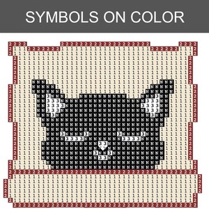 Pode incluir: Gr&aacute;fico de arte de pixel com o texto "SYMBOLS ON COLOR" na parte superior. A imagem mostra um rosto de gato em preto e branco feito de n&uacute;meros e letras.