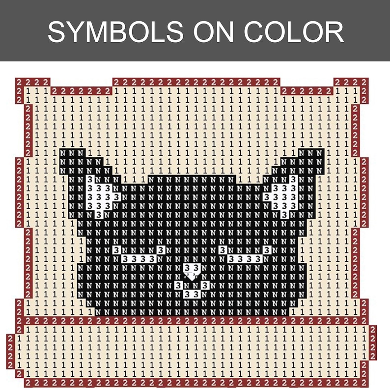 Pode incluir: Gr&aacute;fico de arte de pixel com o texto "SYMBOLS ON COLOR" na parte superior. A imagem mostra um rosto de gato em preto e branco feito de n&uacute;meros e letras.