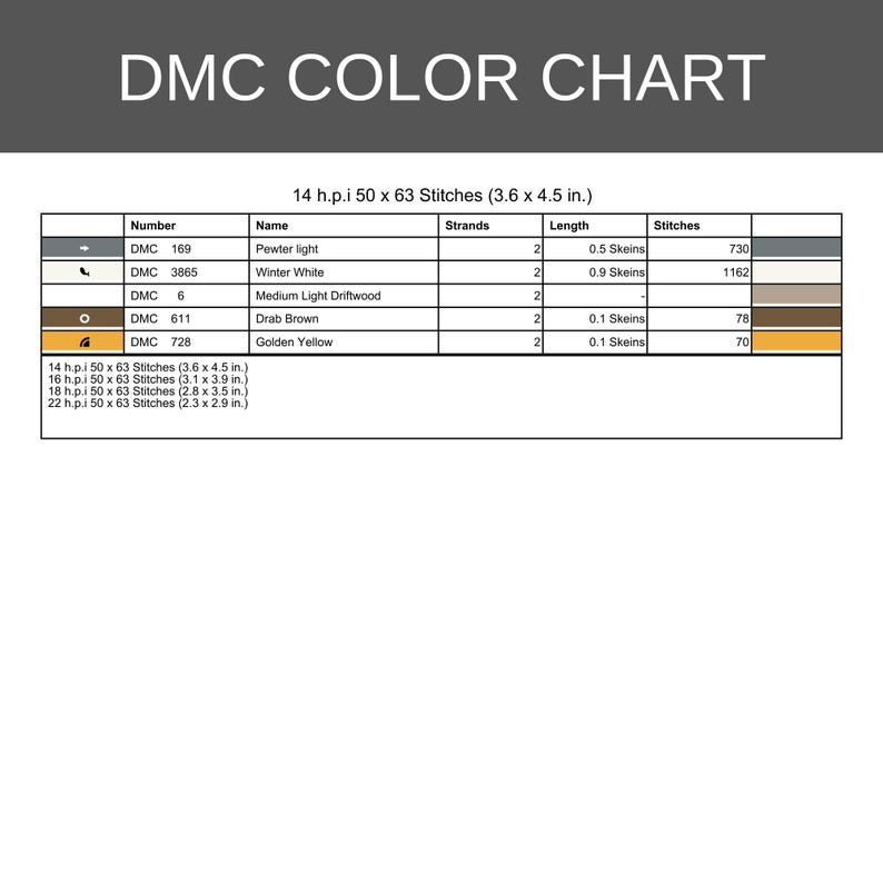 May include: A DMC color chart table featuring five rows of thread colors including Pewter light, Winter White, Medium Light Driftwood, Drab Brown, and Golden Yellow. The chart lists thread numbers, strand counts, lengths in skeins, and stitch counts.