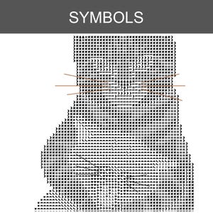 Puede incluir: Un patr&oacute;n de arte ASCII en blanco y negro de una cara de gato con la palabra SYMBOLS impresa en texto blanco sobre una barra gris oscuro en la parte superior. El dise&ntilde;o del gato se compone de varios caracteres tipogr&aacute;ficos, s&iacute;mbolos e iconos, con tres l&iacute;neas marrones finas.