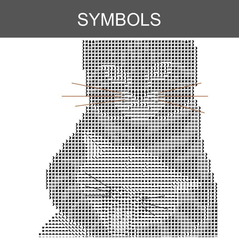 Puede incluir: Un patr&oacute;n de arte ASCII en blanco y negro de una cara de gato con la palabra SYMBOLS impresa en texto blanco sobre una barra gris oscuro en la parte superior. El dise&ntilde;o del gato se compone de varios caracteres tipogr&aacute;ficos, s&iacute;mbolos e iconos, con tres l&iacute;neas marrones finas.