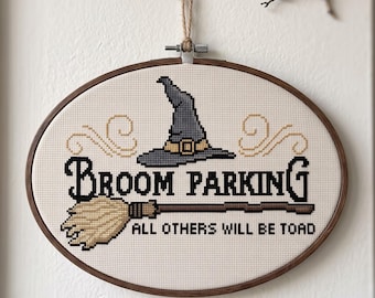 Broom Parking Cross Stitch Pattern, Witch Hat Halloween Needlepoint Chart (PDF Download)