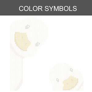 K&ouml;nnte beinhalten: Ein Diamond-Painting-Musterdiagramm mit der &Uuml;berschrift COLOR SYMBOLS, das ein Raster aus hellgrauen Symbolen auf wei&szlig;em Hintergrund zeigt. Das Design umrei&szlig;t zwei abgerundete Formen mit orangefarbenen Symbolen als Anleitung.