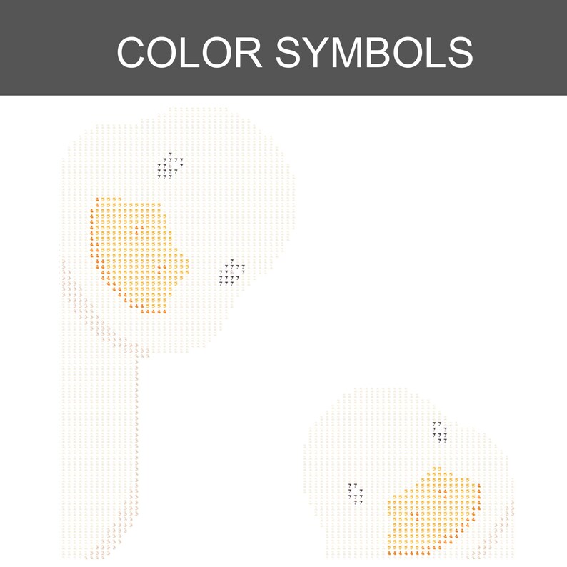 K&ouml;nnte beinhalten: Ein Diamond-Painting-Musterdiagramm mit der &Uuml;berschrift COLOR SYMBOLS, das ein Raster aus hellgrauen Symbolen auf wei&szlig;em Hintergrund zeigt. Das Design umrei&szlig;t zwei abgerundete Formen mit orangefarbenen Symbolen als Anleitung.
