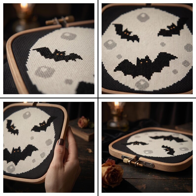 Pu&ograve; includere: Un telaio da ricamo quadrato in legno contenente un lavoro a punto croce che raffigura una grande luna circolare pallida su sfondo nero. Il disegno include diversi pipistrelli neri con piccoli occhi arancioni e crateri circolari grigio chiaro.
