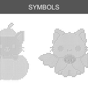 May include: A white document with the word SYMBOLS printed in white on a dark gray header bar. Below, two distinct patterns are formed by arrangements of black numbers and letters, creating pixelated shapes of a pear and a cat figure.