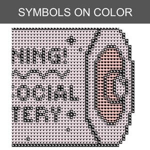 May include: A cross-stitch pattern chart featuring a light pink background with a grid of black symbols. The text reads "NING! SOCIAL TERY" in a blocky font. To the right, an oval shape is filled with a repeating pattern of small black hearts.