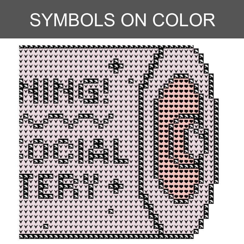 May include: A cross-stitch pattern chart featuring a light pink background with a grid of black symbols. The text reads "NING! SOCIAL TERY" in a blocky font. To the right, an oval shape is filled with a repeating pattern of small black hearts.