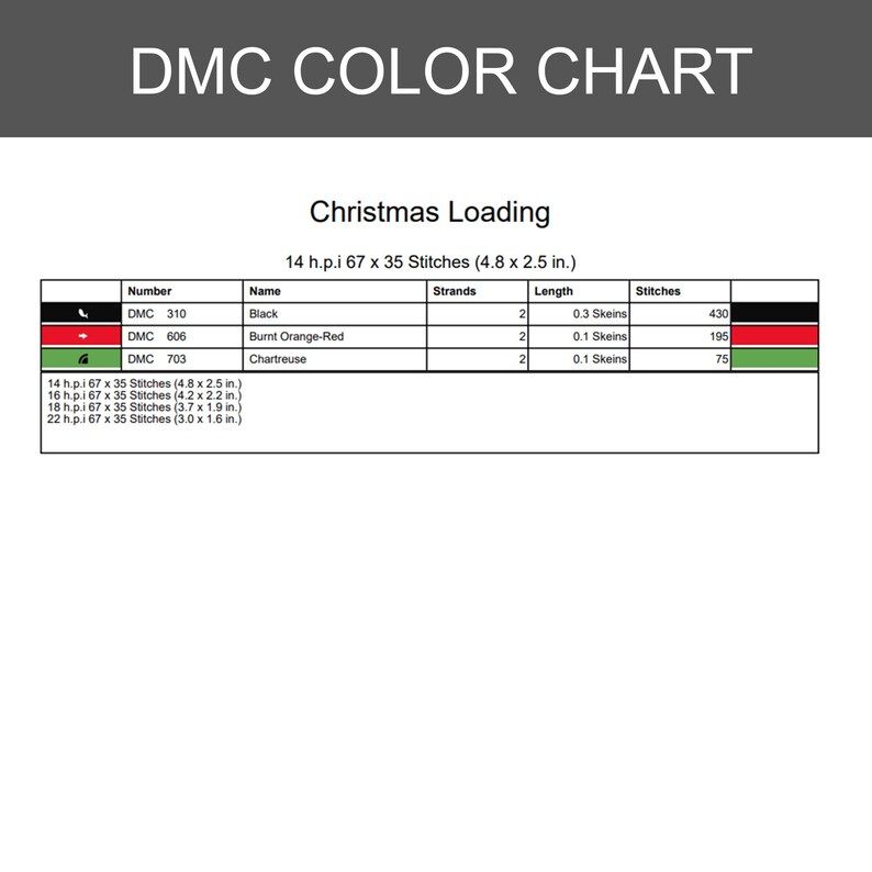 Pu&ograve; includere: Una tabella colori DMC intitolata Christmas Loading, che elenca i requisiti dei filati per uno schema a punto croce. Include una tabella con i numeri DMC 310, 606 e 703, i nomi dei colori, il numero di fili e le misure in cm.