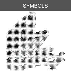May include: A black and white cross stitch pattern chart titled SYMBOLS at the top. The design consists of a grid filled with various typographic characters, including letters A, G, N, S, and symbols like hearts, flags, and geometric shapes.