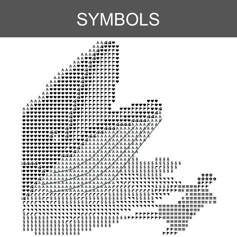 May include: A black and white cross stitch pattern chart titled SYMBOLS at the top. The design consists of a grid filled with various typographic characters, including letters A, G, N, S, and symbols like hearts, flags, and geometric shapes.