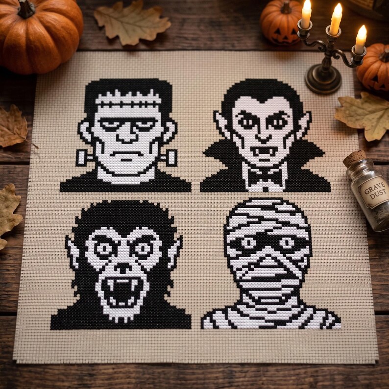 Puede incluir: Un patr&oacute;n de punto de cruz sobre tela beige que presenta cuatro retratos de monstruos pixelados en blanco y negro: el monstruo de Frankenstein, un vampiro, un hombre lobo y una momia. El dise&ntilde;o est&aacute; dispuesto en una cuadr&iacute;cula de cuatro cabezas.
