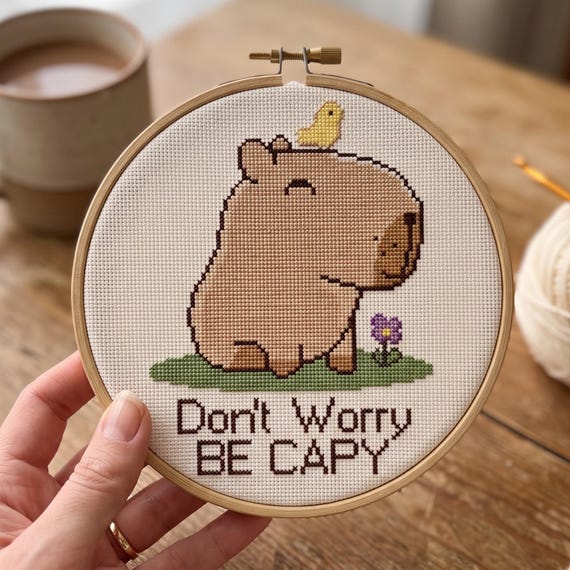 Capybara Cross Stitch Pattern, Don’t Worry Be Capy Needlepoint, Kawaii Animal Embroidery Gift, Instant Download