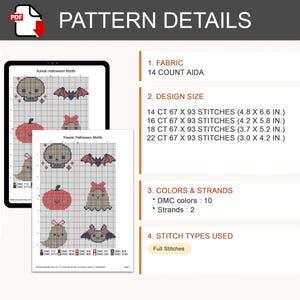 K&ouml;nnte beinhalten: Ein digitales PDF-Kreuzstichmuster mit dem Titel Kawaii Halloween Motifs, das einen Totenkopf, eine Fledermaus, einen K&uuml;rbis und ein Gespenst zeigt. Das Dokument listet 14-Count-Aida-Stoff, Designgr&ouml;&szlig;en von 12,2 x 16,8 cm bis 7,6 x 10,7 cm, 10 DMC-Farben.