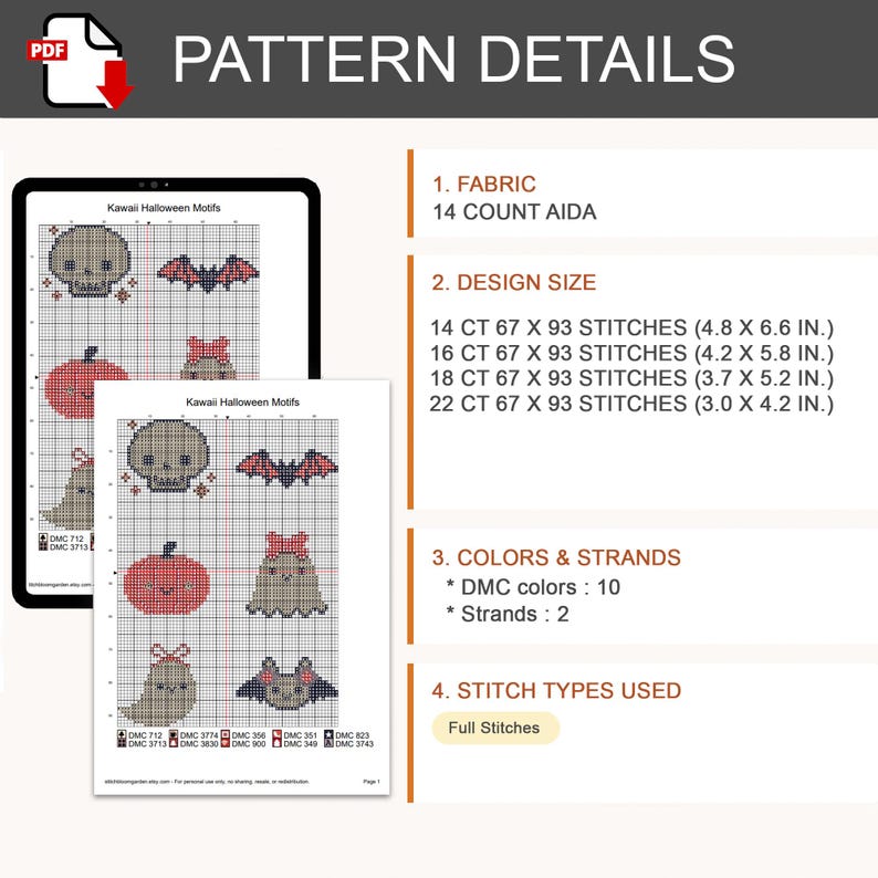 K&ouml;nnte beinhalten: Ein digitales PDF-Kreuzstichmuster mit dem Titel Kawaii Halloween Motifs, das einen Totenkopf, eine Fledermaus, einen K&uuml;rbis und ein Gespenst zeigt. Das Dokument listet 14-Count-Aida-Stoff, Designgr&ouml;&szlig;en von 12,2 x 16,8 cm bis 7,6 x 10,7 cm, 10 DMC-Farben.