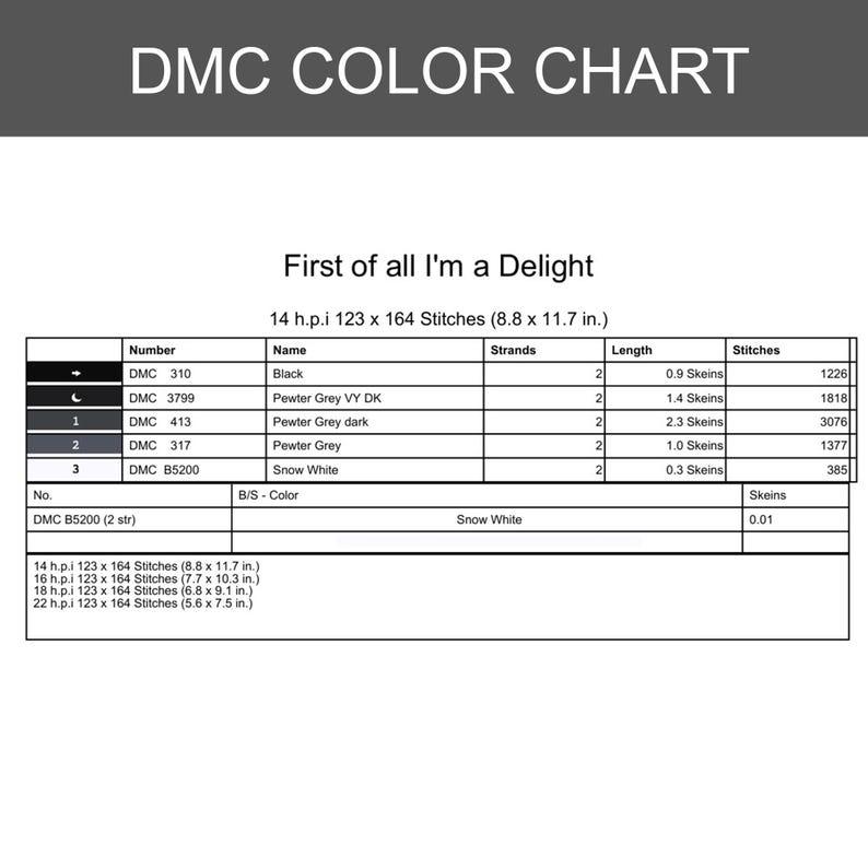 May include: A DMC colour chart with the text "DMC COLOR CHART" at the top. The chart includes colour names, numbers, and stitch counts. The text "First of all I'm a Delight" is also present. The chart is 22.3 x 29.7 cm.
