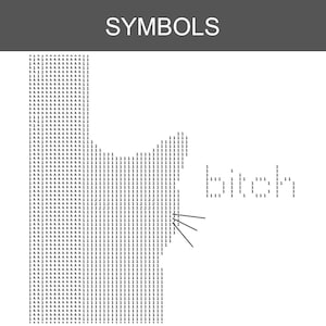 Puede incluir: Un gr&aacute;fico digital titulado SYMBOLS que muestra la silueta de un gato construida con los caracteres A, 1 y 2. El gato tiene tres l&iacute;neas negras que representan bigotes a la derecha. La palabra bitch est&aacute; escrita en estilo matricial a la derecha.