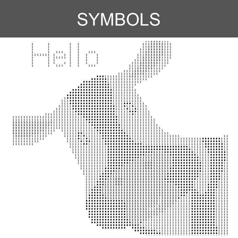 May include: A black and white graphic design featuring the word SYMBOLS at the top and the word Hello in the upper left corner. The main image is a thumbs-up gesture composed of numerous small black dots and the numbers 1 and 5 in a grid pattern.