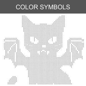 Puede incluir: Un diagrama de patr&oacute;n digital en blanco y negro titulado COLOR SYMBOLS, que presenta una silueta de gato pixelada formada por el n&uacute;mero 1. El dise&ntilde;o muestra un gato con las patas levantadas y orejas puntiagudas, hecho de n&uacute;meros repetidos.
