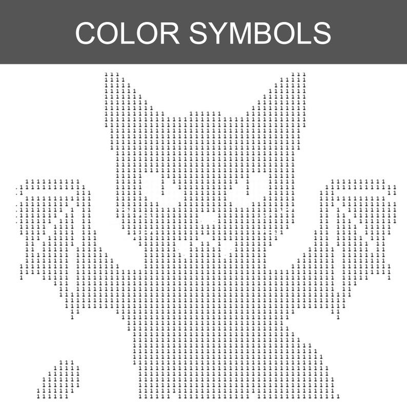 Puede incluir: Un diagrama de patr&oacute;n digital en blanco y negro titulado COLOR SYMBOLS, que presenta una silueta de gato pixelada formada por el n&uacute;mero 1. El dise&ntilde;o muestra un gato con las patas levantadas y orejas puntiagudas, hecho de n&uacute;meros repetidos.