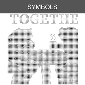 Pu&ograve; includere: Uno schema a punto croce in bianco e nero con la parola SYMBOLS in alto e la parola TOGETHER sotto. Il disegno raffigura due figure l'una di fronte all'altra, una delle quali tiene una tazza fumante, composto da vari piccoli simboli.