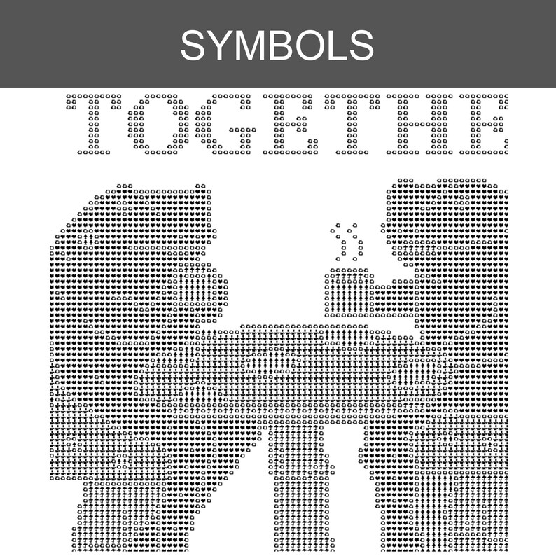 Pu&ograve; includere: Uno schema a punto croce in bianco e nero con la parola SYMBOLS in alto e la parola TOGETHER sotto. Il disegno raffigura due figure l'una di fronte all'altra, una delle quali tiene una tazza fumante, composto da vari piccoli simboli.