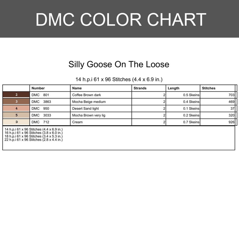 Op de afbeelding: Een DMC-kleurenkaart met de tekst "DMC COLOR CHART" bovenaan. De kaart bevat een kleurenpalet voor "Silly Goose On The Loose" met kleurnamen, nummers en steekaantallen. De kaart vermeldt ook de afmetingen van het project in centimeters.