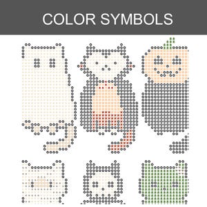 Puede incluir: Un patr&oacute;n de punto de cruz titulado COLOR SYMBOLS que presenta seis dise&ntilde;os con forma de gato. Los patrones est&aacute;n compuestos por varios s&iacute;mbolos geom&eacute;tricos, incluidos c&iacute;rculos, cruces y l&iacute;neas horizontales en colores negro, blanco, naranja y verde.