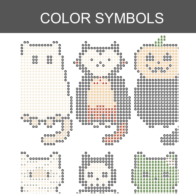 Puede incluir: Un patr&oacute;n de punto de cruz titulado COLOR SYMBOLS que presenta seis dise&ntilde;os con forma de gato. Los patrones est&aacute;n compuestos por varios s&iacute;mbolos geom&eacute;tricos, incluidos c&iacute;rculos, cruces y l&iacute;neas horizontales en colores negro, blanco, naranja y verde.