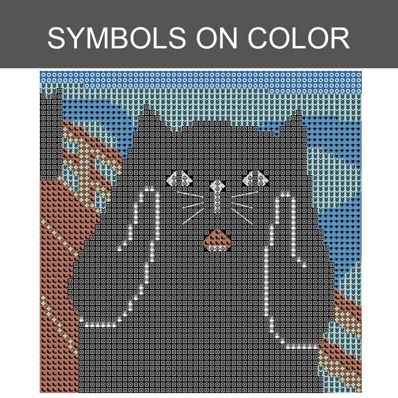 K&ouml;nnte beinhalten: Ein Kreuzstichmuster mit dem Titel SYMBOLS ON COLOR, das eine stilisierte schwarze Katze vor einem blau-braunen Hintergrund zeigt. Das Design verwendet ein Raster aus Symbolen zur Farbdarstellung und zeigt das Gesicht, die Schnurrhaare und Ohren.