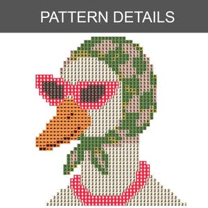 May include: Pixelated image of a duck wearing sunglasses, created with a cross-stitch pattern. The duck has an orange beak, green head, and red sunglasses. The text "PATTERN DETAILS" is at the top of the image.