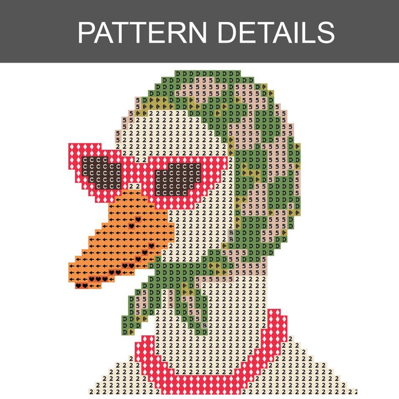 May include: Pixelated image of a duck wearing sunglasses, created with a cross-stitch pattern. The duck has an orange beak, green head, and red sunglasses. The text "PATTERN DETAILS" is at the top of the image.