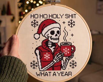 Skeleton Santa Cross Stitch Pattern PDF, Ho Ho Holy What A Year, Funny Christmas Xstitch, Coffee Skeleton, Pattern Keeper
