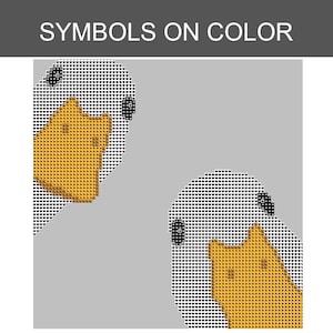 May include: A cross-stitch pattern titled SYMBOLS ON COLOR featuring two white birds with orange beaks and black eyes against a light gray background. The design is composed of a grid of small heart-shaped symbols, creating a pixelated visual effect.
