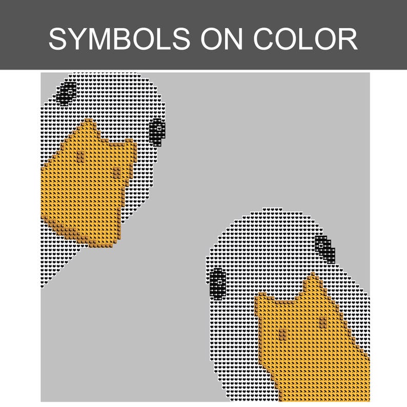 May include: A cross-stitch pattern titled SYMBOLS ON COLOR featuring two white birds with orange beaks and black eyes against a light gray background. The design is composed of a grid of small heart-shaped symbols, creating a pixelated visual effect.