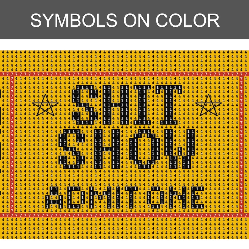 K&ouml;nnte beinhalten: Ein Diamond-Painting-Muster auf gelbem Rasterhintergrund mit dem Text SHIT SHOW ADMIT ONE in Schwarz. Das Design zeigt einen roten Rand, zwei schwarze Sternumrisse und wiederholte Zahlen 1, 4 und 7 zur Kennzeichnung der Farbplatzierung.