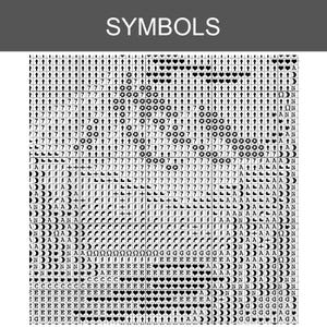 Puede incluir: Un gr&aacute;fico de patr&oacute;n de punto de cruz en blanco y negro con la palabra SYMBOLS en la parte superior. La cuadr&iacute;cula contiene una disposici&oacute;n densa de varios s&iacute;mbolos, incluyendo letras, n&uacute;meros, corazones, cruces y formas geom&eacute;tricas.