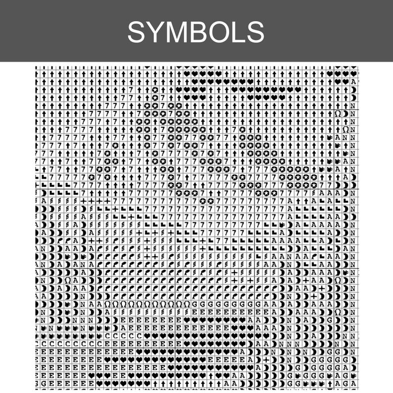Puede incluir: Un gr&aacute;fico de patr&oacute;n de punto de cruz en blanco y negro con la palabra SYMBOLS en la parte superior. La cuadr&iacute;cula contiene una disposici&oacute;n densa de varios s&iacute;mbolos, incluyendo letras, n&uacute;meros, corazones, cruces y formas geom&eacute;tricas.