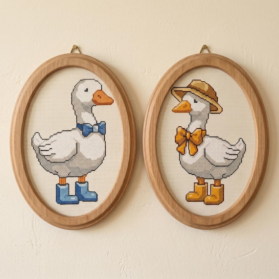 Goose with Blue Bow Cross Stitch Pattern, Goose in Straw Hat Needlepoint, Instant Download