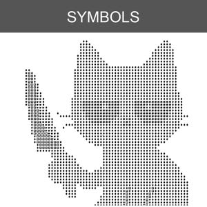 Pu&ograve; includere: Uno schema per punto croce in bianco e nero intitolato SYMBOLS, che raffigura la sagoma pixelata di un gatto che tiene in mano un coltello. Il disegno utilizza vari simboli come rombi, quadrati e asterischi per indicare i colori del filo.