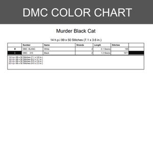 Peut inclure: Un nuancier DMC pour un mod&egrave;le de point de croix intitul&eacute; Murder Black Cat. Le tableau indique DMC Blanc et DMC 310 avec le nombre de fils, les longueurs d'&eacute;chevettes et le total de points. Les dimensions pour 14, 16, 18 et 22 h.p.i. sont en pouces.