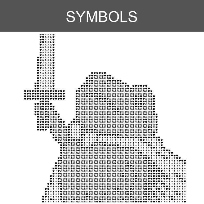 May include: A black and white graphic design titled SYMBOLS, featuring a silhouette of a figure holding a sword. The image is composed of a repeating pattern of small black icons, including hearts, crosses, and other shapes, on a white background.