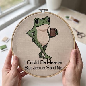 May include: A circular wooden embroidery hoop containing a cross-stitch design of a green frog holding a brown mug. The frog has large black eyes and a light-colored belly. Below the frog, the text reads: I Could Be Meaner But Jesus Said No.